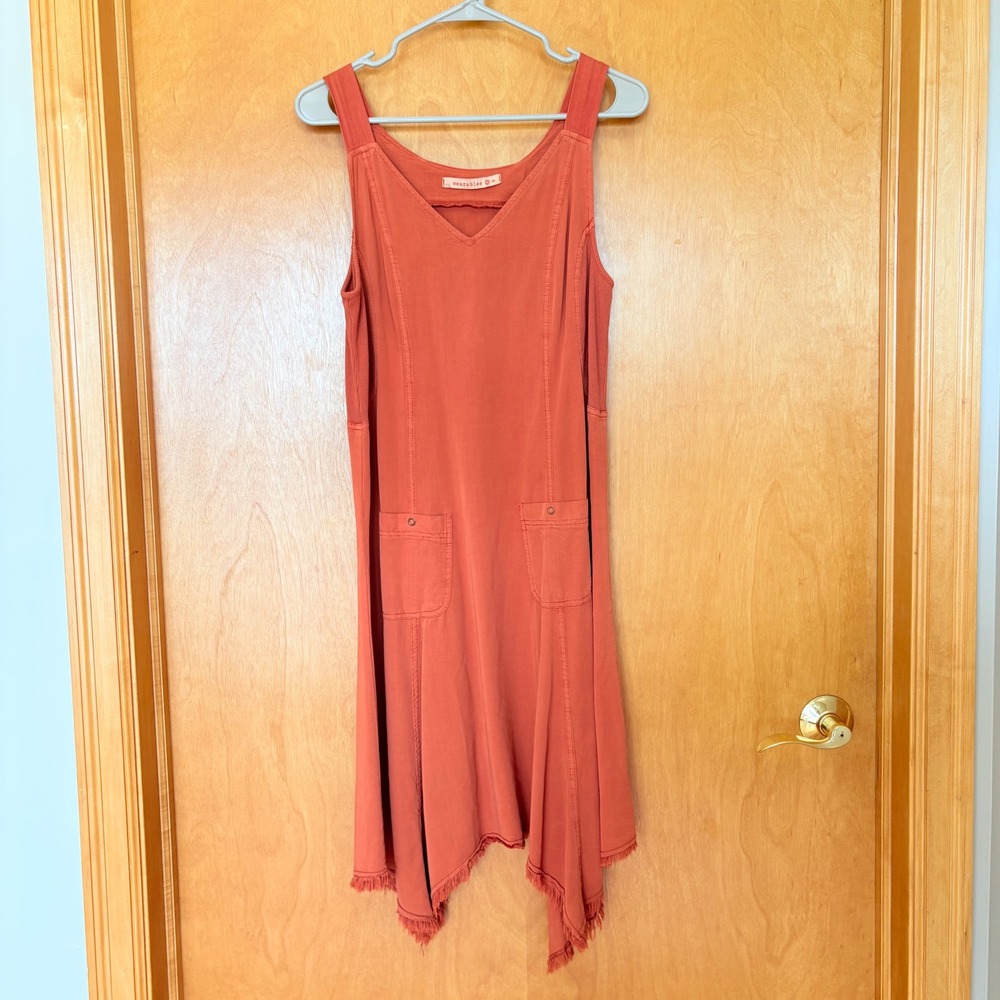 Wearables Women Burnt Orange Handkerchief Fringe Hem Pocket Dress S